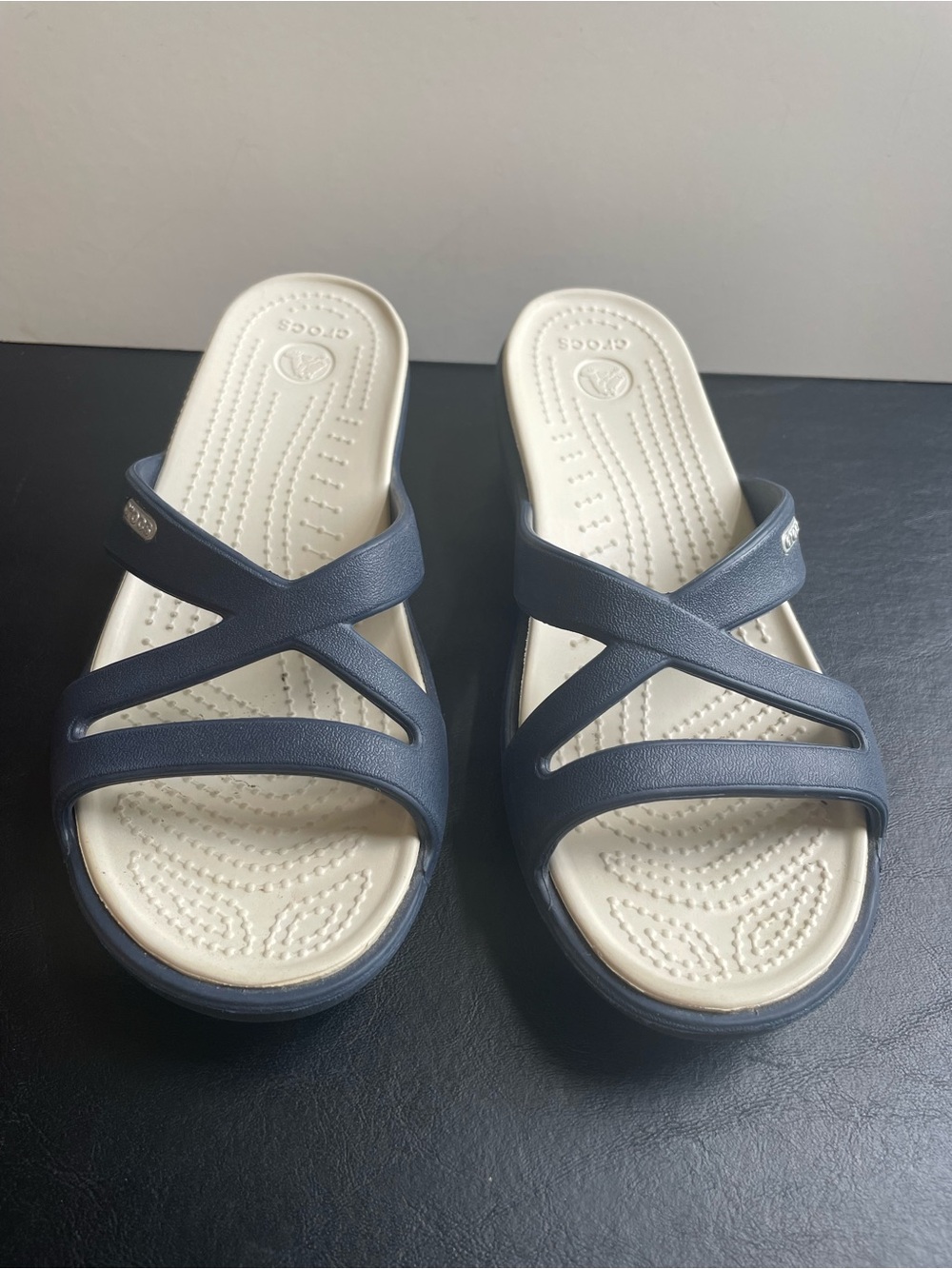 CROCS Women's Navy Crisscross Slide Wedge Sandals with Cream Footbed